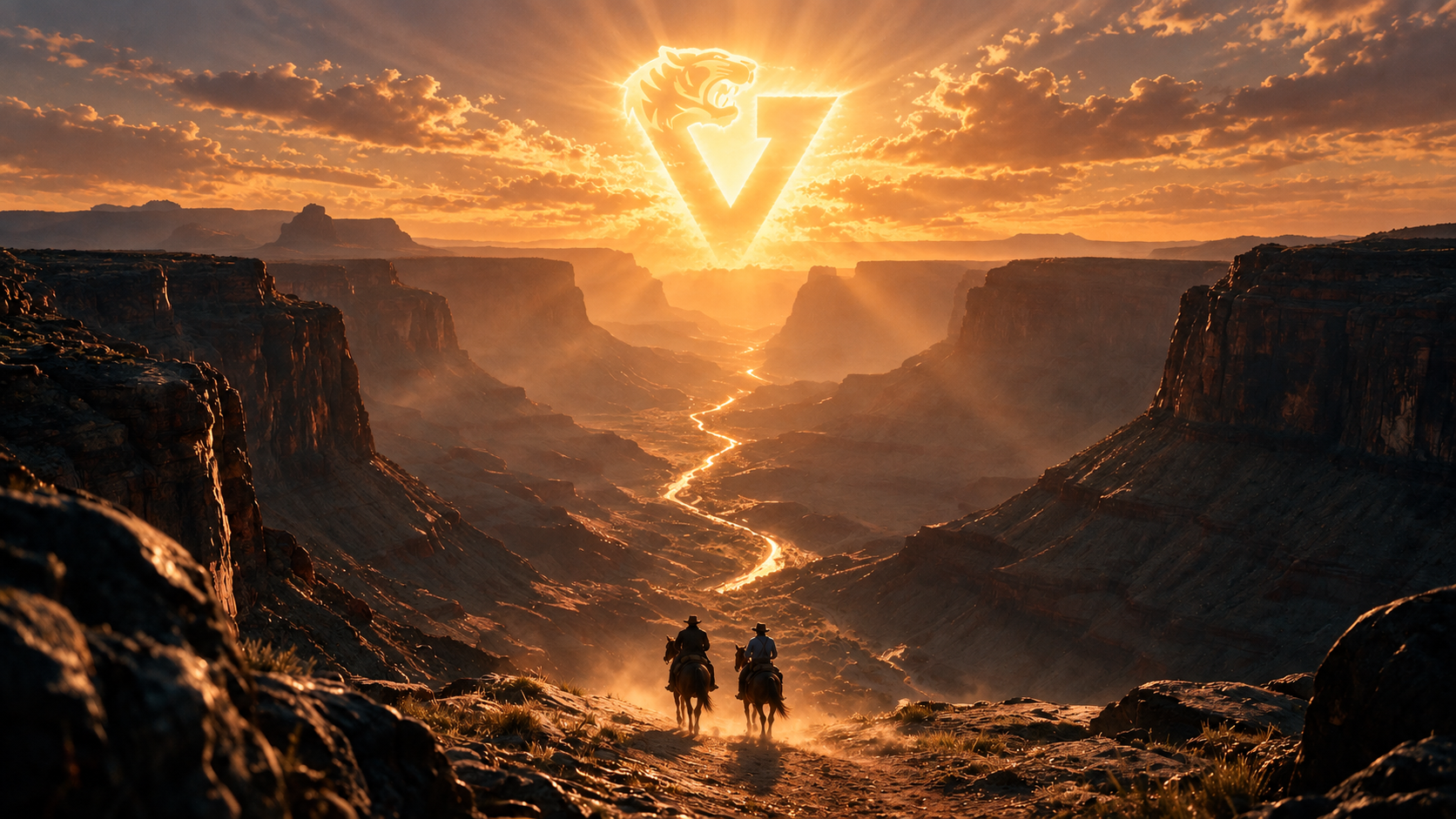 Two riders descend into a vast canyon at sunset, with the road, river and glowing Veyskap tiger and V emblem visible in the full composition.