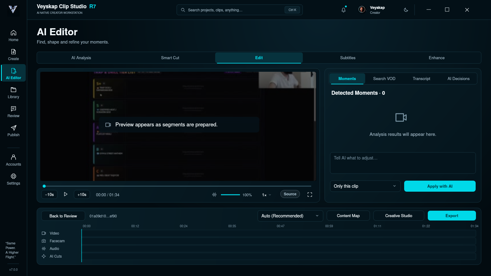 R7 AI Editor design preview; source preparation, zero detected moments and an empty timeline.