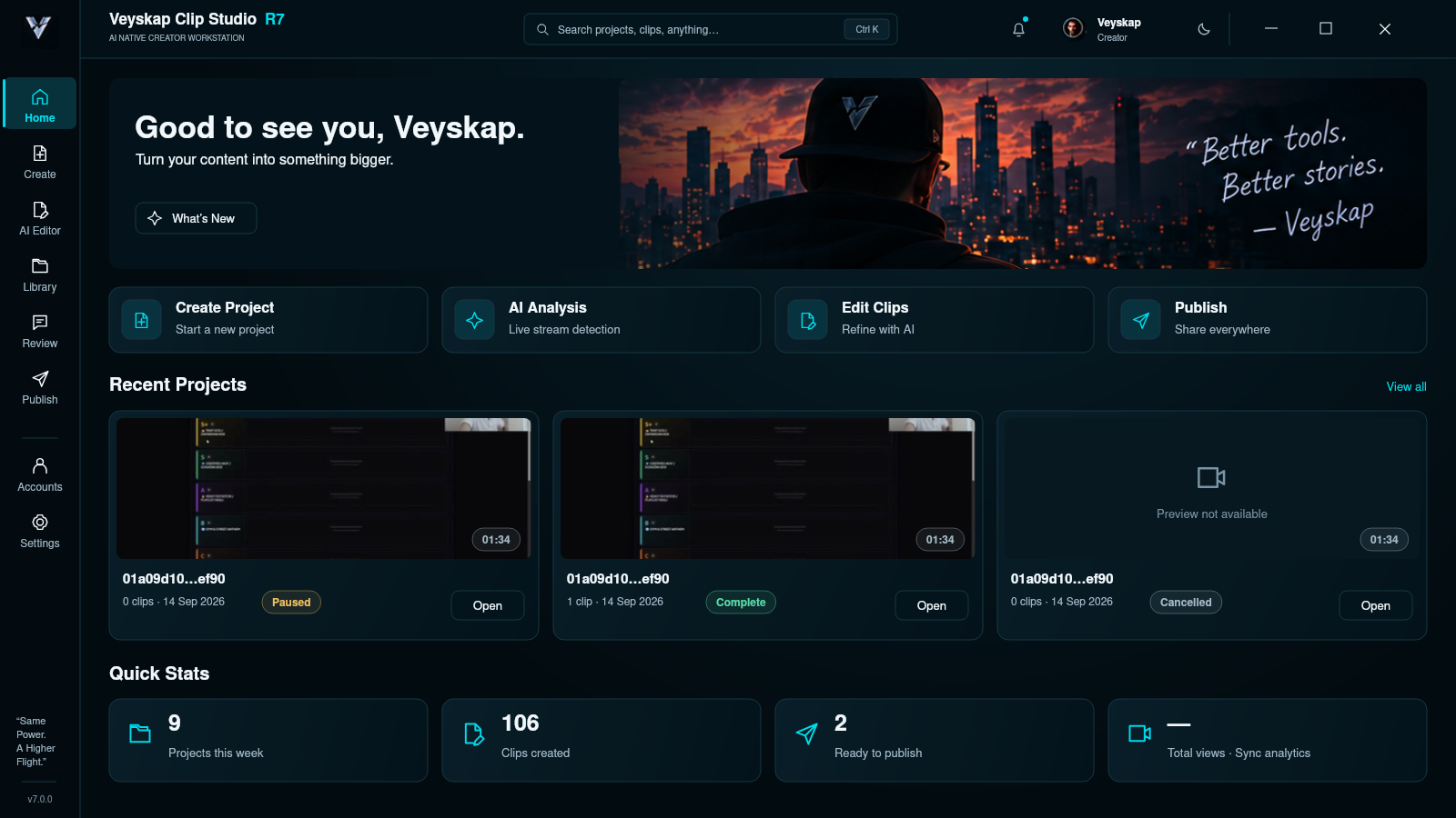 Veyskap Clip Studio R7 Dashboard design preview, showing project entry points, sample project states and example counters.