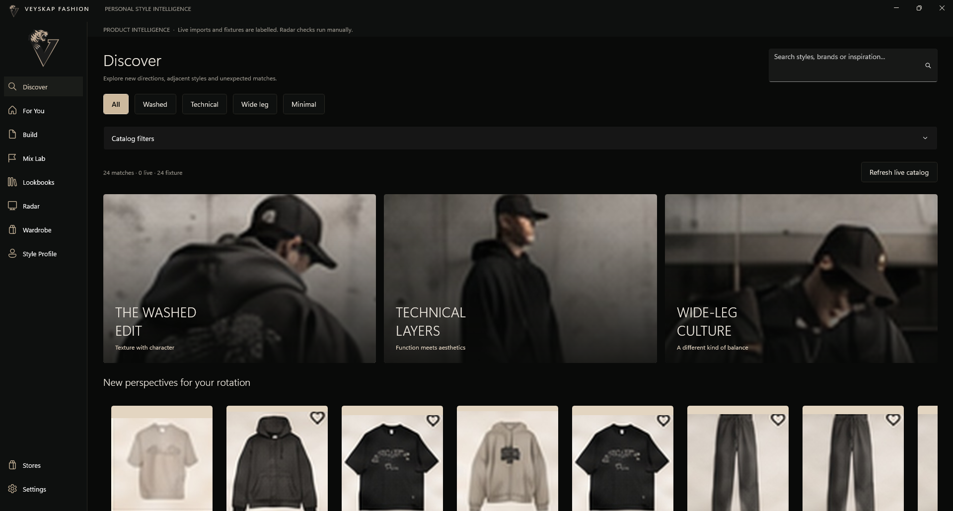 Veyskap Fashion Discover Windows interface with catalogue filters and fashion imagery, labelled 0 live and 24 fixture items.