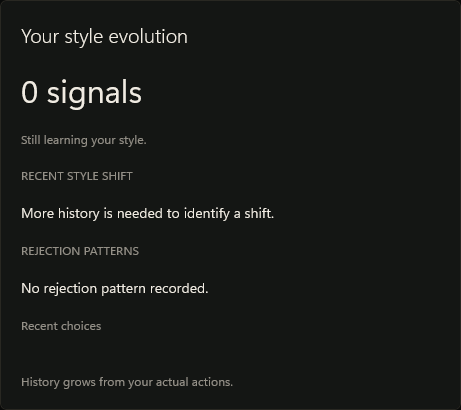 Your style evolution detail in Style Profile; 0 signals and no style history yet.
